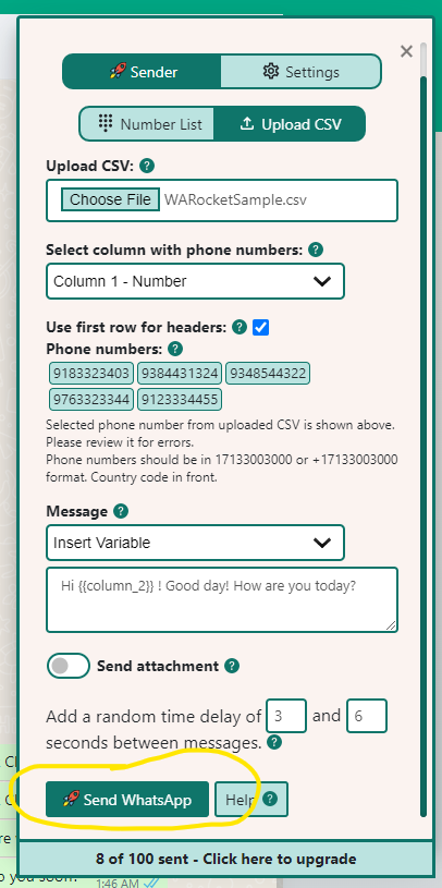 The screenshot shows the final step where you click 'Send WhatsApp'