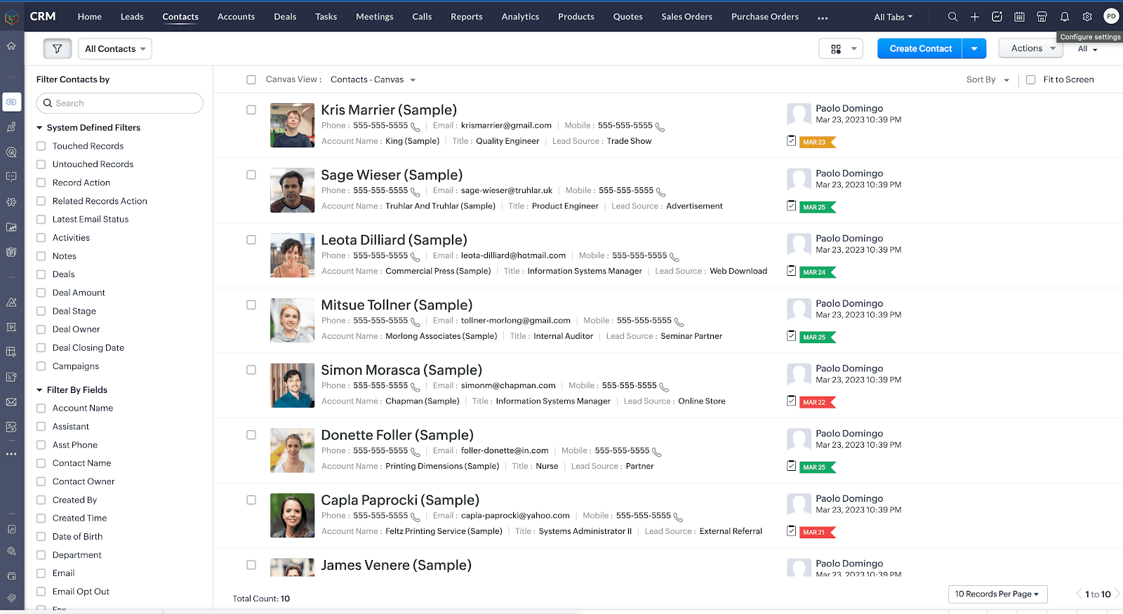 The screenshot shows the Zoho CRM where you can export the users.